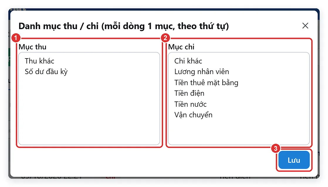Sửa danh mục thu chi: mục thu, mục chi mỗi dòng một mục