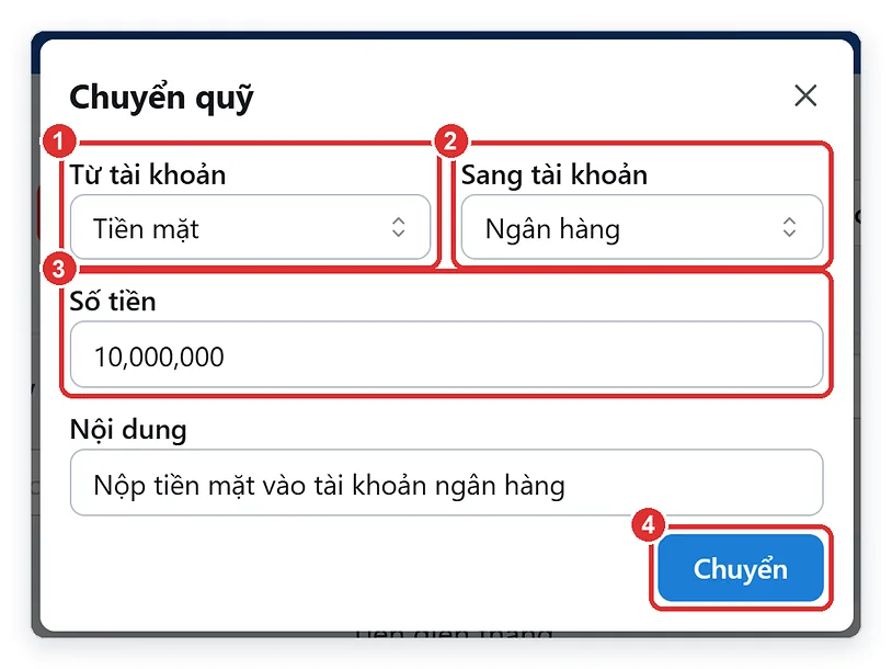 Chuyển quỹ nộp tiền mặt vào tài khoản ngân hàng trên TPSoft Web
