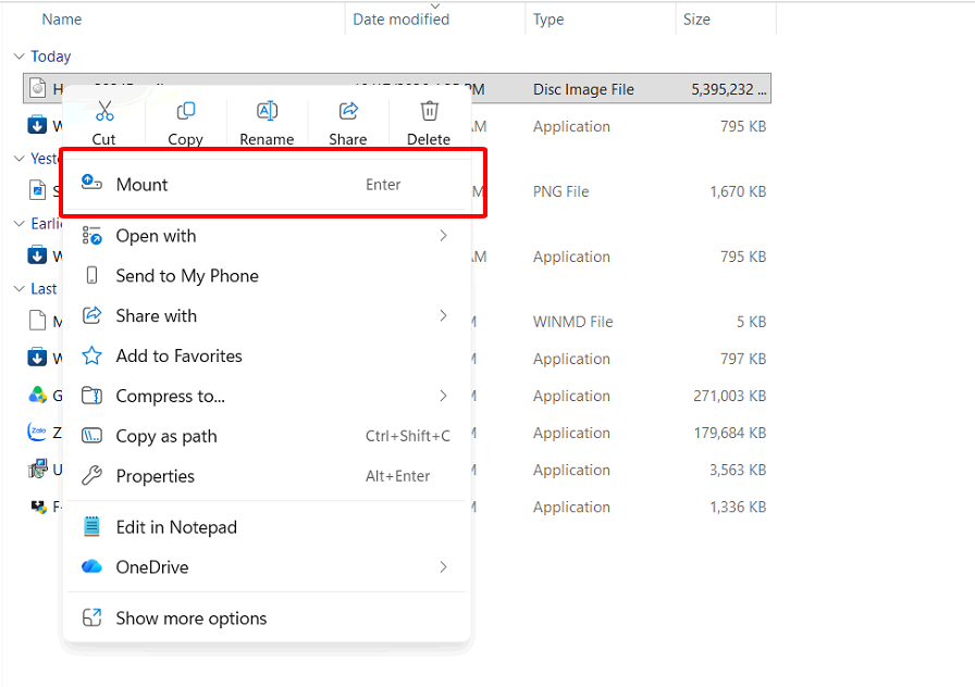 Nhấn chuột phải vào file ISO và chọn Mount trên Windows 11