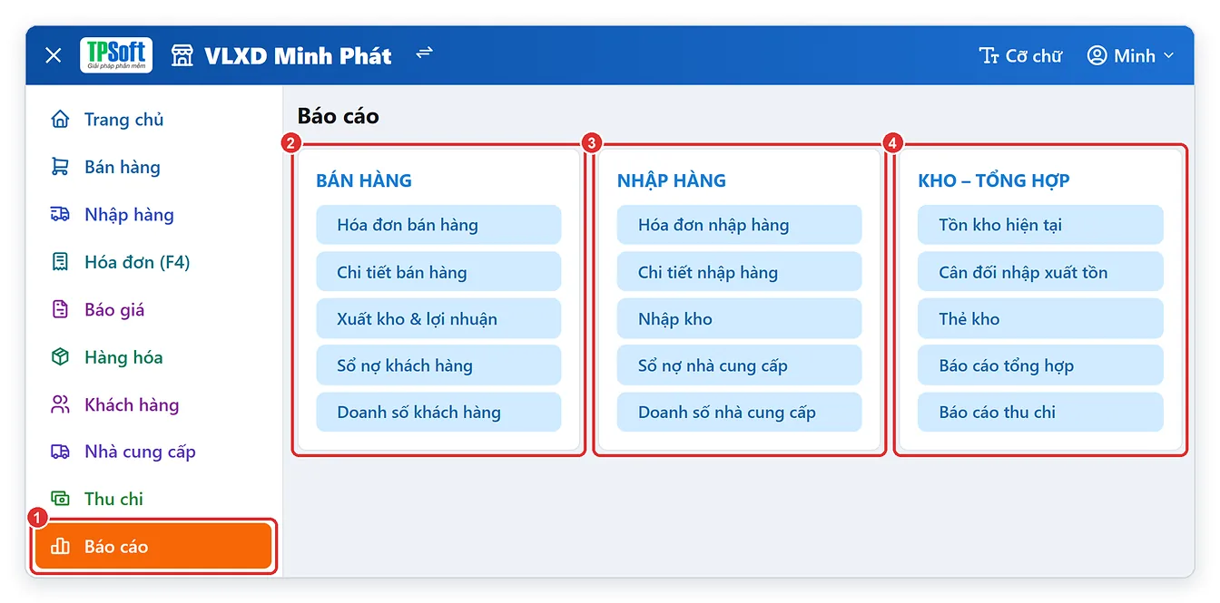 Danh sách 15 báo cáo của phần mềm bán hàng TPSoft Web