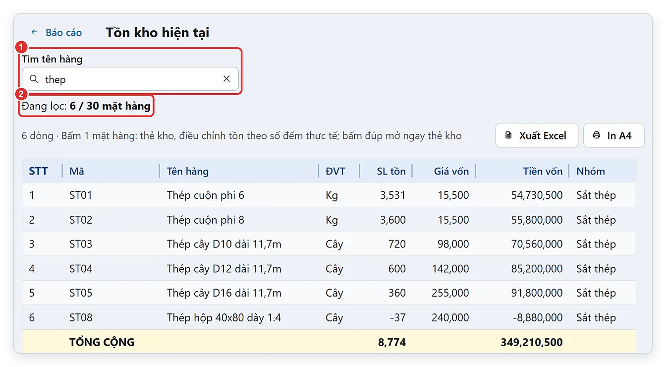 Tìm tên hàng không dấu trong báo cáo tồn kho TPSoft Web