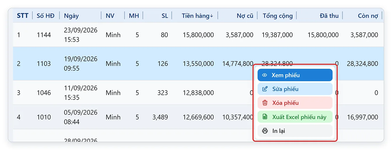 Bấm vào dòng báo cáo để xem, sửa, xóa, in lại hóa đơn