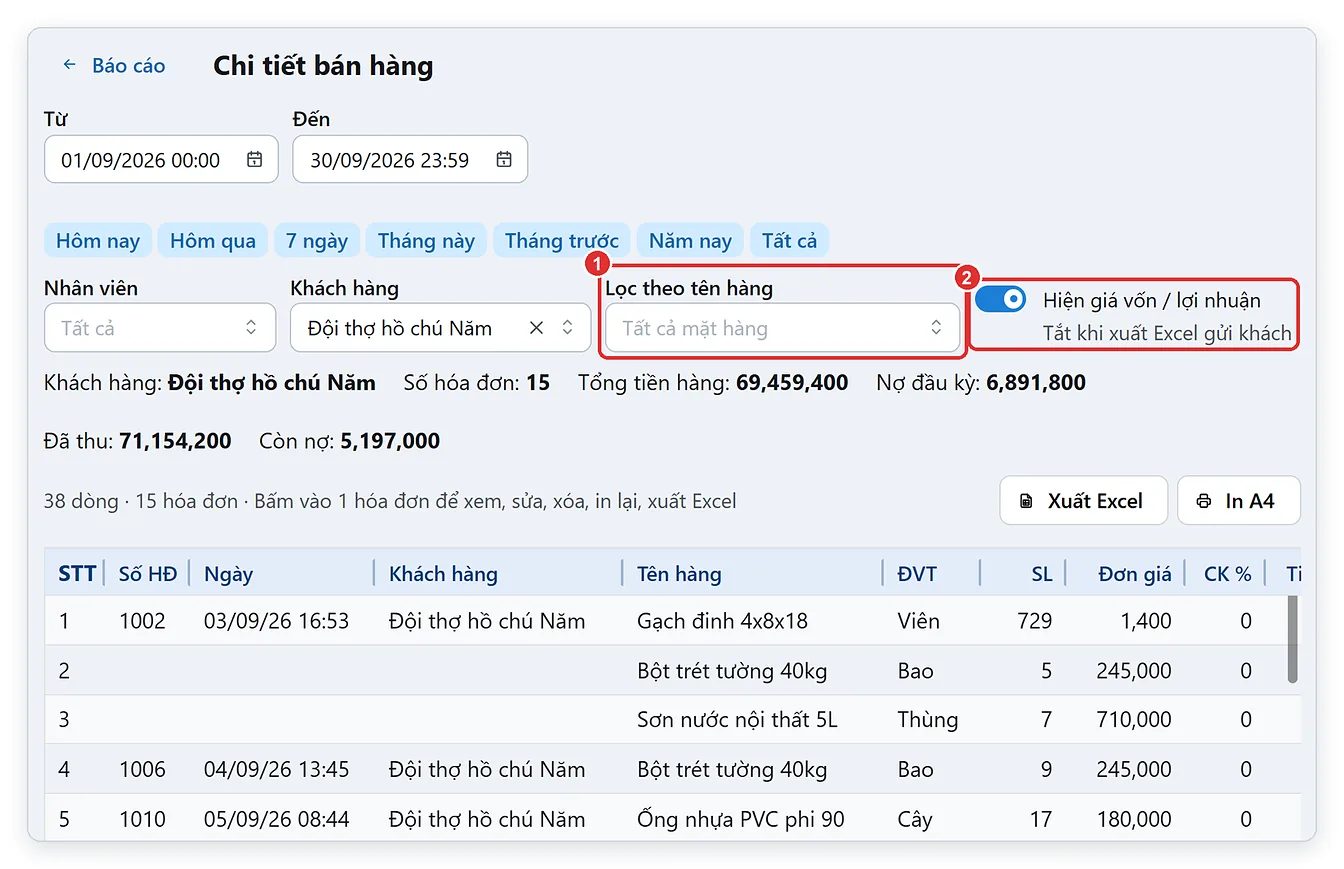 Báo cáo bán hàng chi tiết từng mặt hàng trên TPSoft Web
