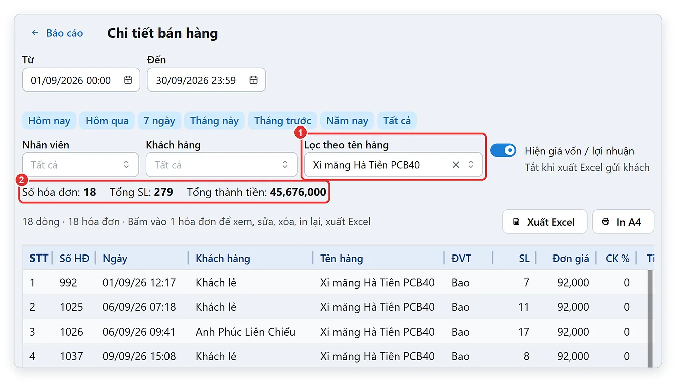 Lọc báo cáo chi tiết bán hàng theo 1 tên hàng