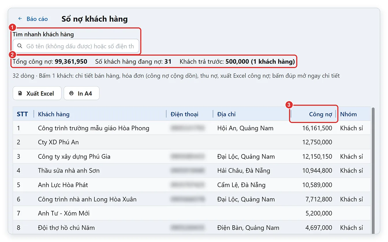 Sổ nợ khách hàng: tổng công nợ, khách đang nợ trên TPSoft Web