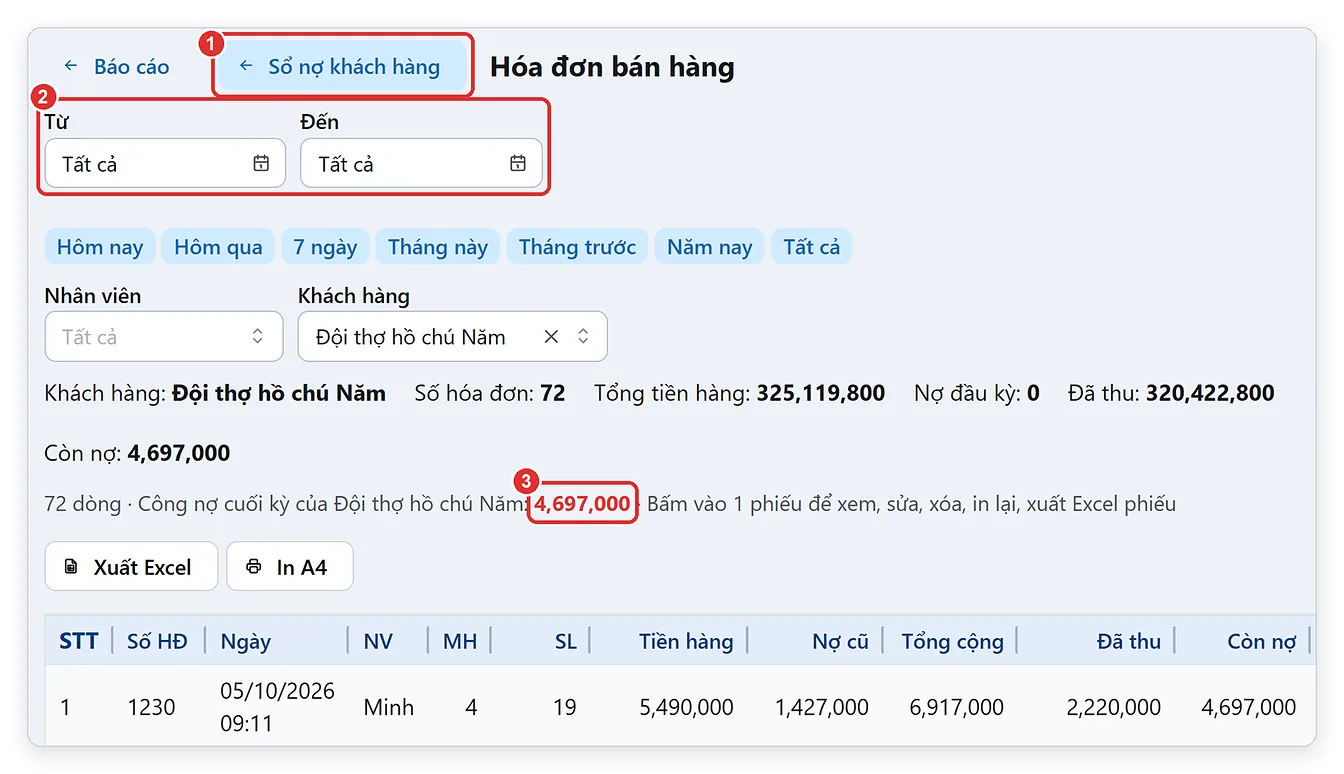 Hóa đơn công nợ cộng dồn của 1 khách mở từ sổ nợ