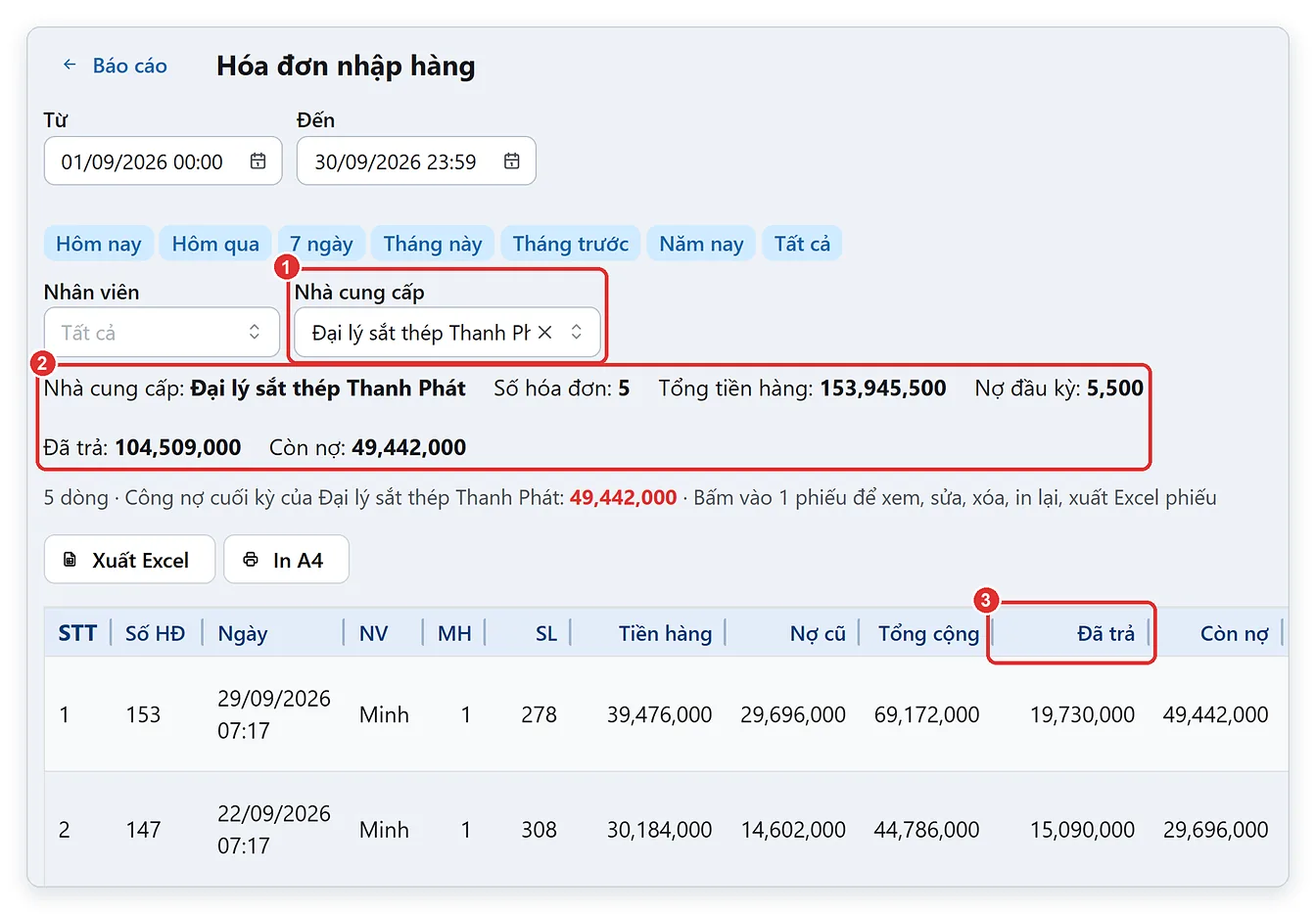 Báo cáo nhập hàng: hóa đơn nhập của 1 nhà cung cấp trên TPSoft Web
