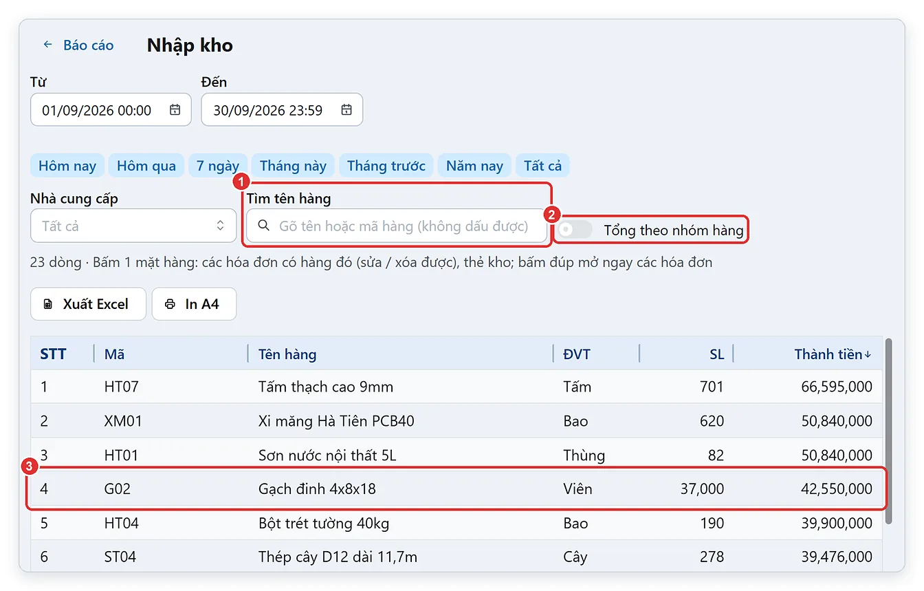 Báo cáo nhập kho theo mặt hàng TPSoft Web