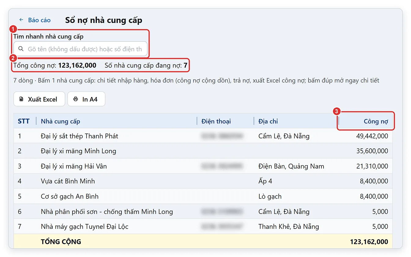 Sổ nợ nhà cung cấp: công nợ nhà cung cấp trên TPSoft Web