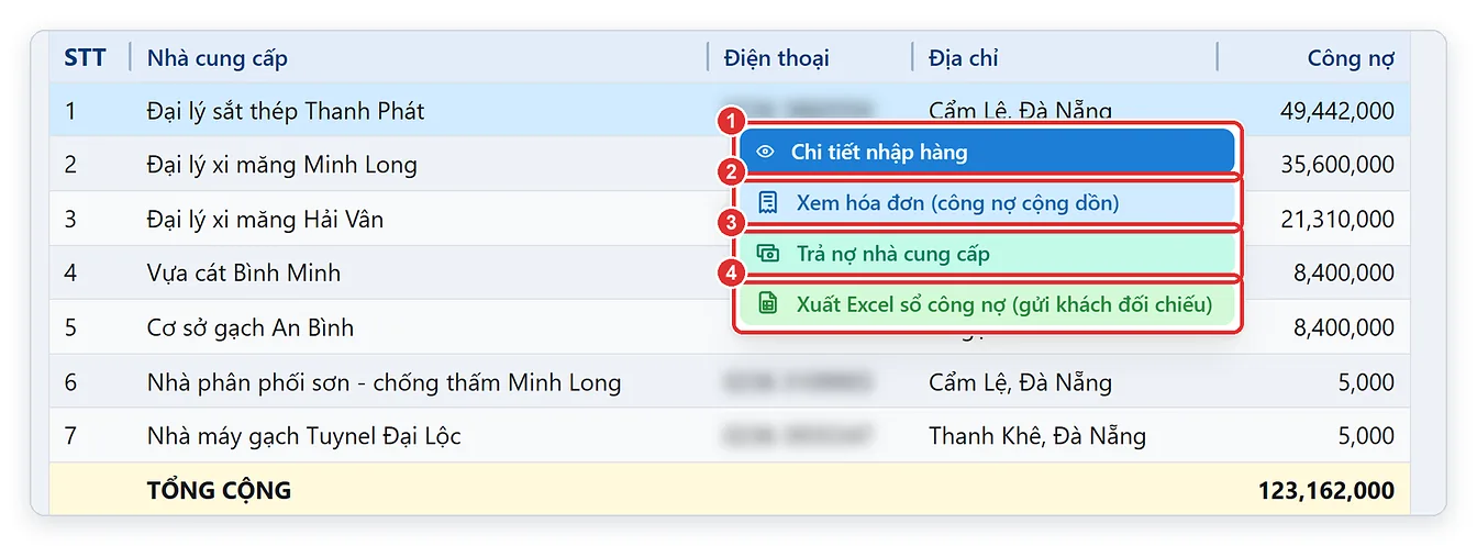 Trả nợ nhà cung cấp, xuất Excel đối chiếu công nợ nhà cung cấp