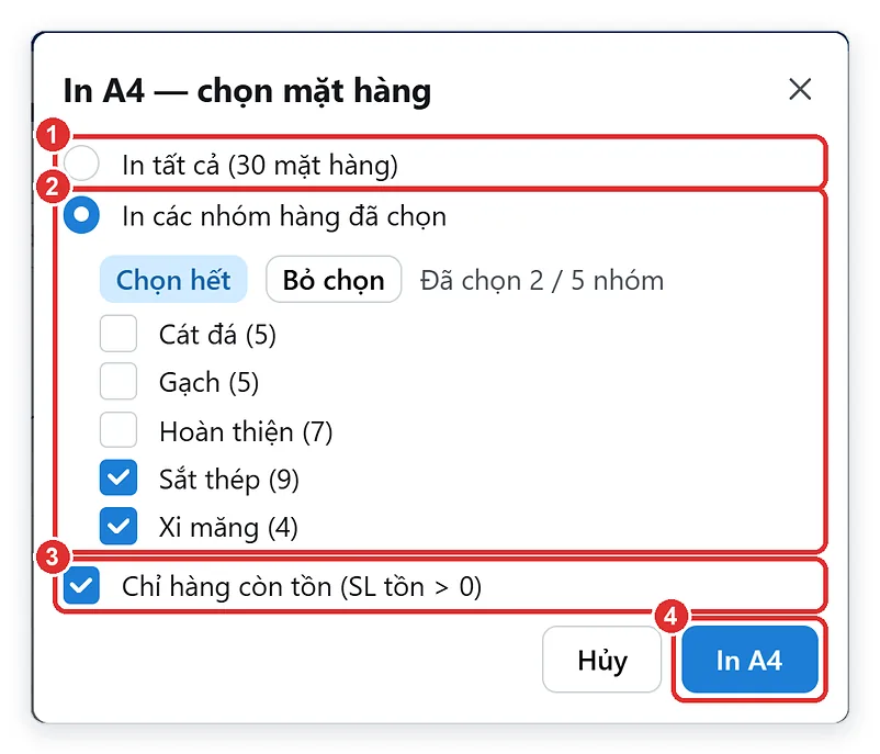 In báo cáo tồn kho theo nhóm hàng, chỉ hàng còn tồn
