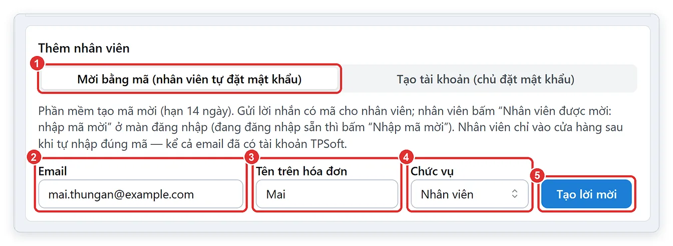 Thêm nhân viên bằng mã mời trên phần mềm TPSoft Web