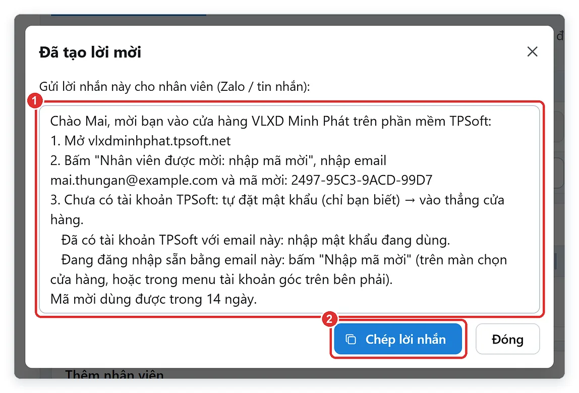 Lời nhắn mời nhân viên có mã mời để gửi qua Zalo