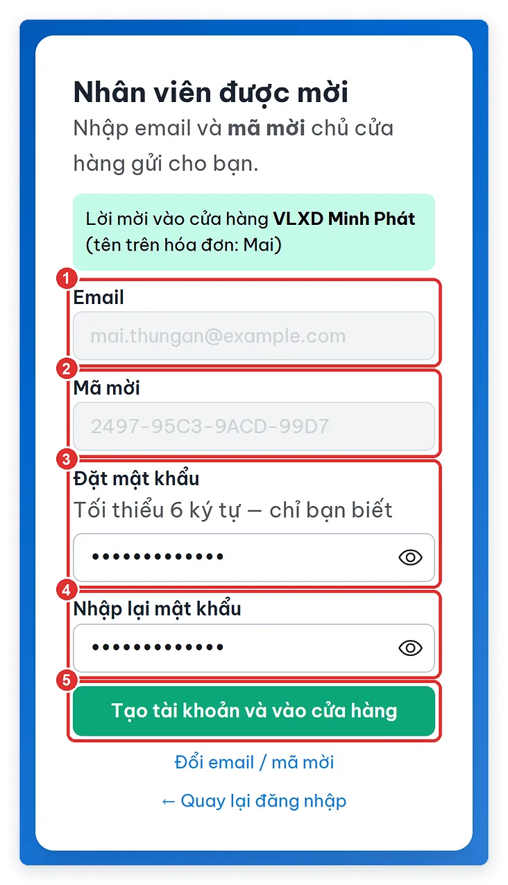 Nhân viên nhập mã mời và tự đặt mật khẩu TPSoft Web