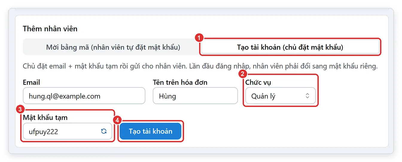 Chủ cửa hàng tạo tài khoản nhân viên với mật khẩu tạm trên TPSoft Web