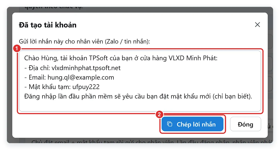 Lời nhắn gửi nhân viên gồm địa chỉ, email và mật khẩu tạm