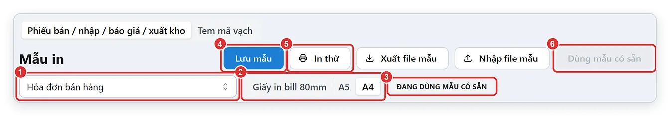 Trang Mẫu in của phần mềm TPSoft Web: chọn loại phiếu, khổ giấy