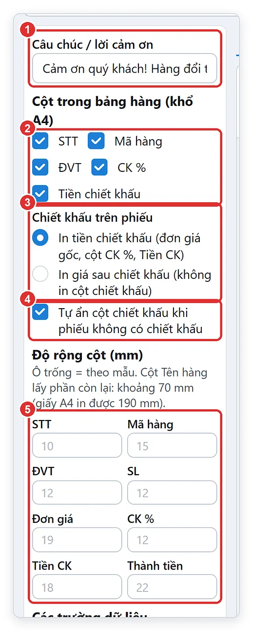 Tùy chọn câu chúc, cột bảng hàng, chiết khấu trên mẫu in hóa đơn