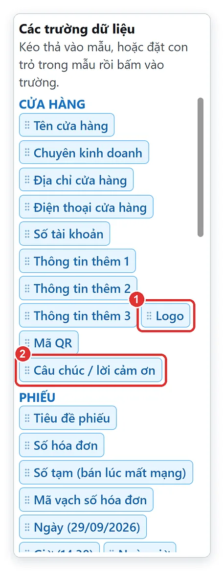 Danh sách trường dữ liệu kéo thả vào mẫu in hóa đơn