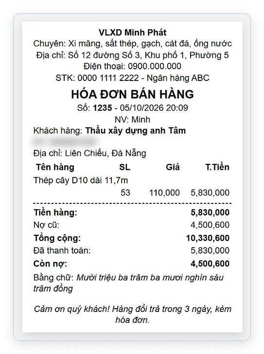Mẫu in hóa đơn 80mm máy in bill trên TPSoft Web