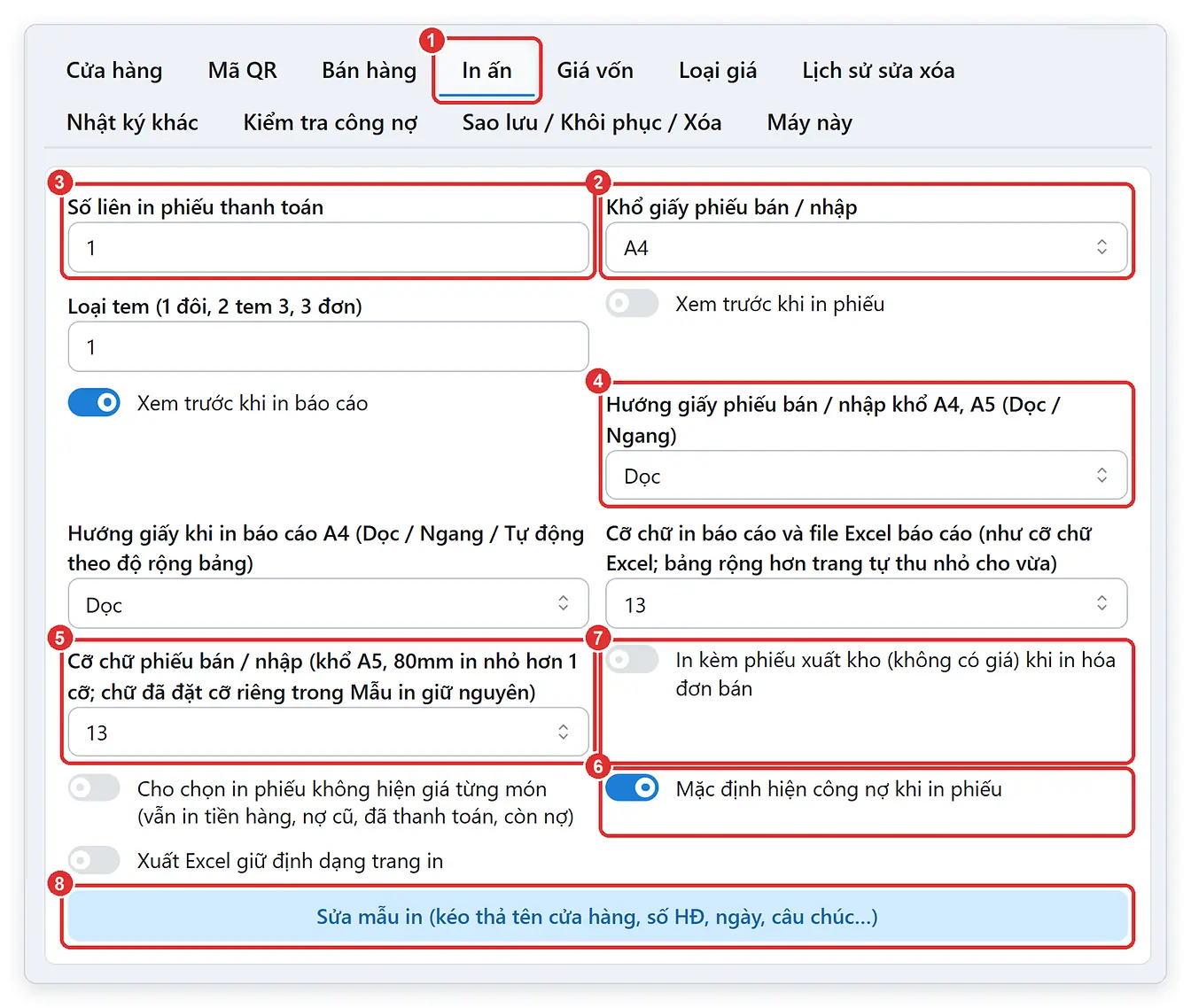 Cài đặt khổ giấy in hóa đơn 80mm, A4, A5 trên TPSoft Web