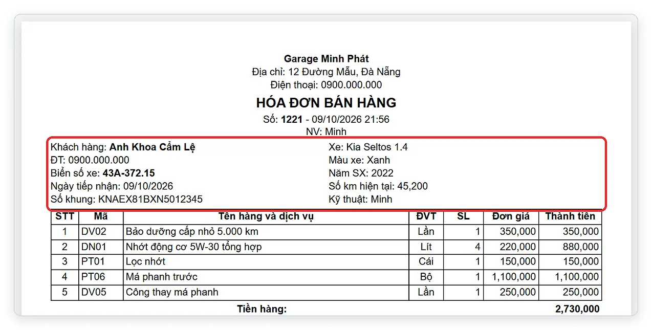 Mẫu in hóa đơn sửa xe khổ A4 có biển số, tên xe, số km