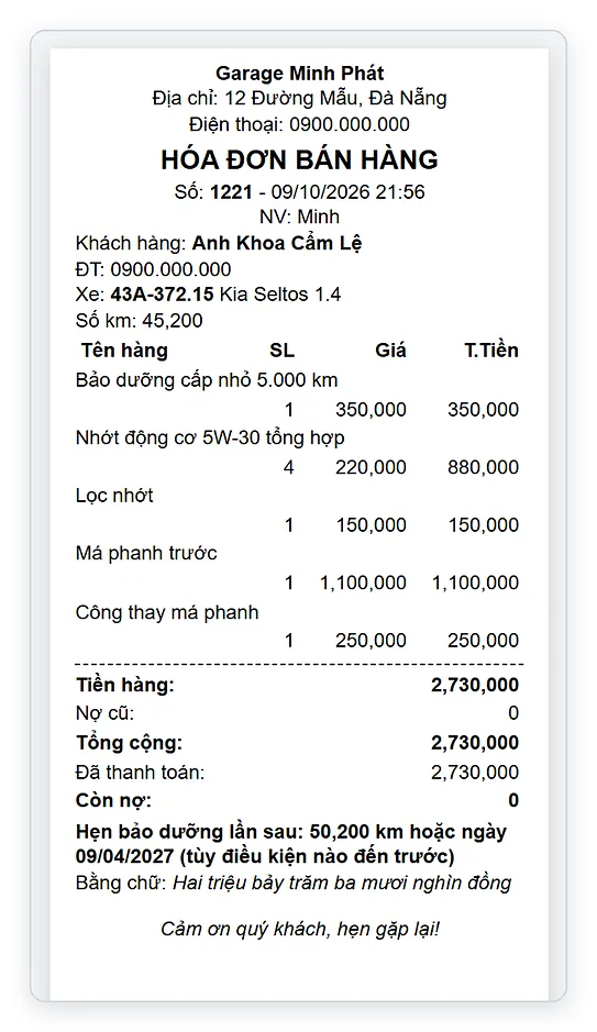 Hóa đơn sửa xe in giấy bill 80mm có biển số xe và hẹn bảo dưỡng