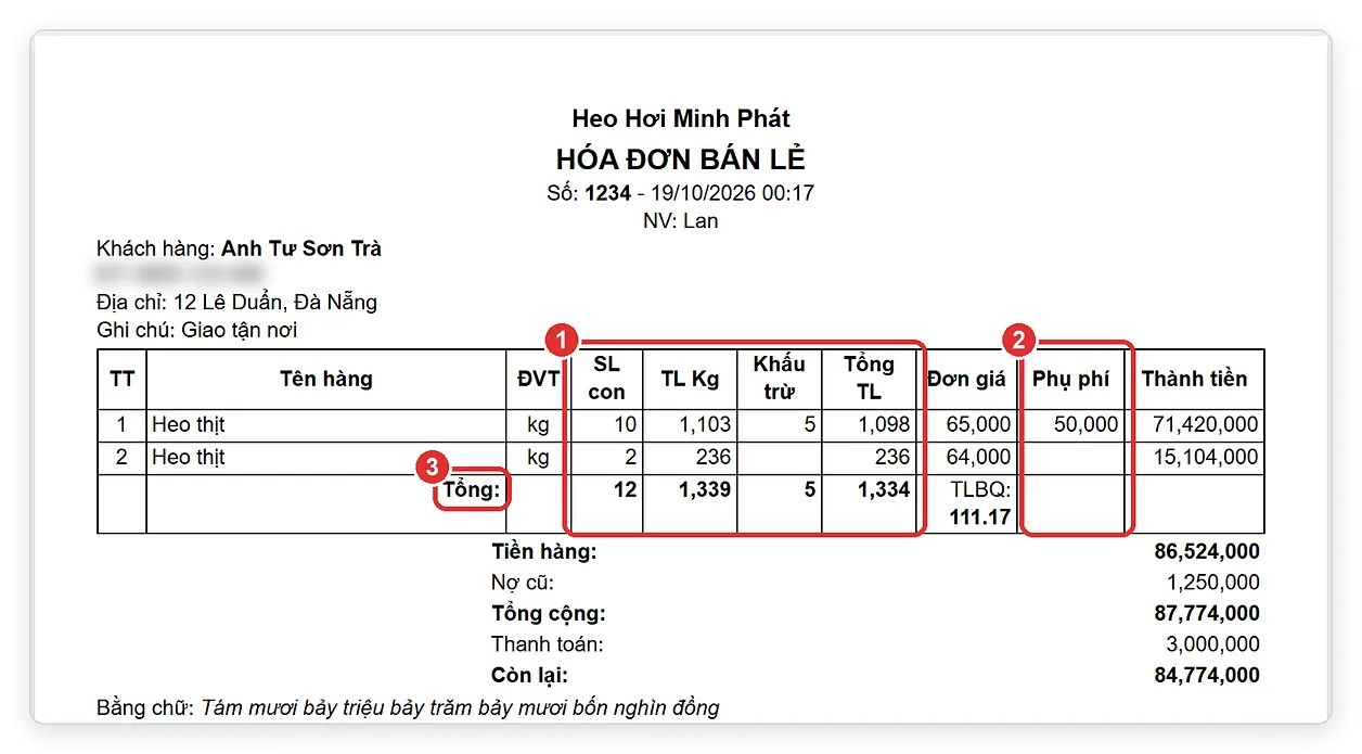 Mẫu hóa đơn bán heo hơi khổ A4 có SL con, TL Kg, khấu trừ, Tổng TL, phụ phí trên TPSoft Web
