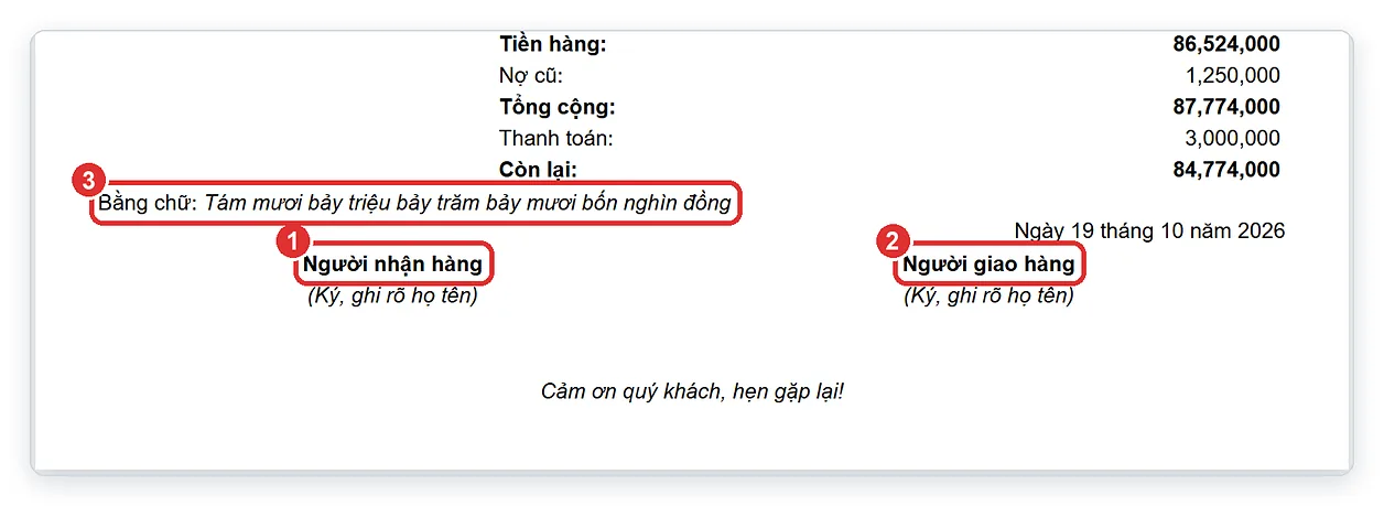 Cuối hóa đơn bán heo hơi: tiền bằng chữ, ký tên người nhận hàng, người giao hàng