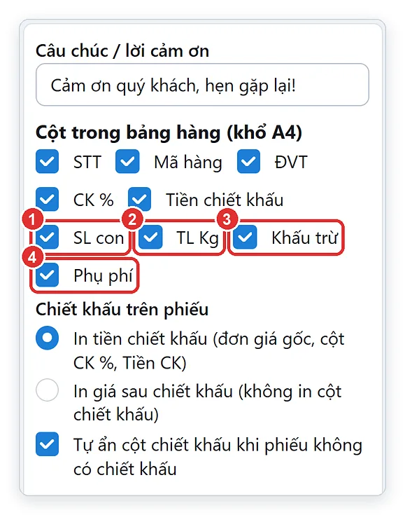 Bật tắt cột SL con, TL Kg, khấu trừ, phụ phí trên mẫu hóa đơn bán heo