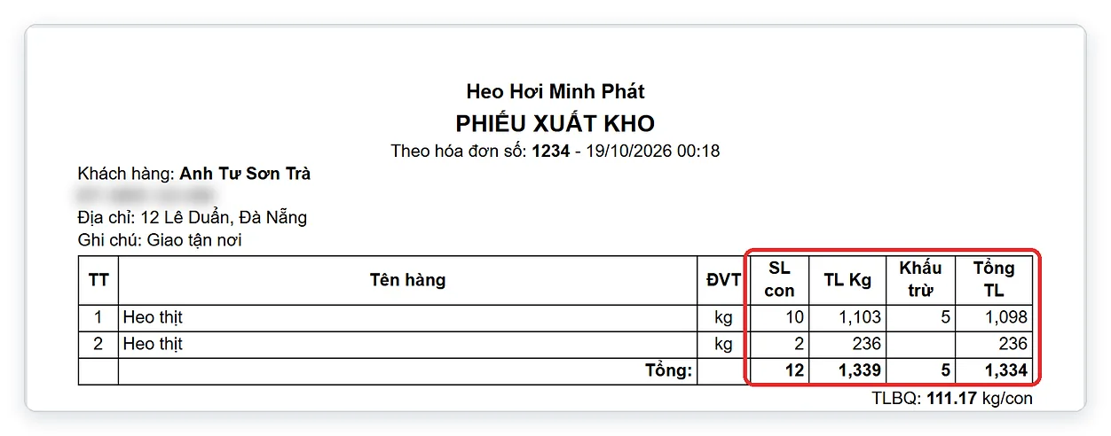 Phiếu xuất kho giao heo hơi có số con, trọng lượng, khấu trừ, không có giá