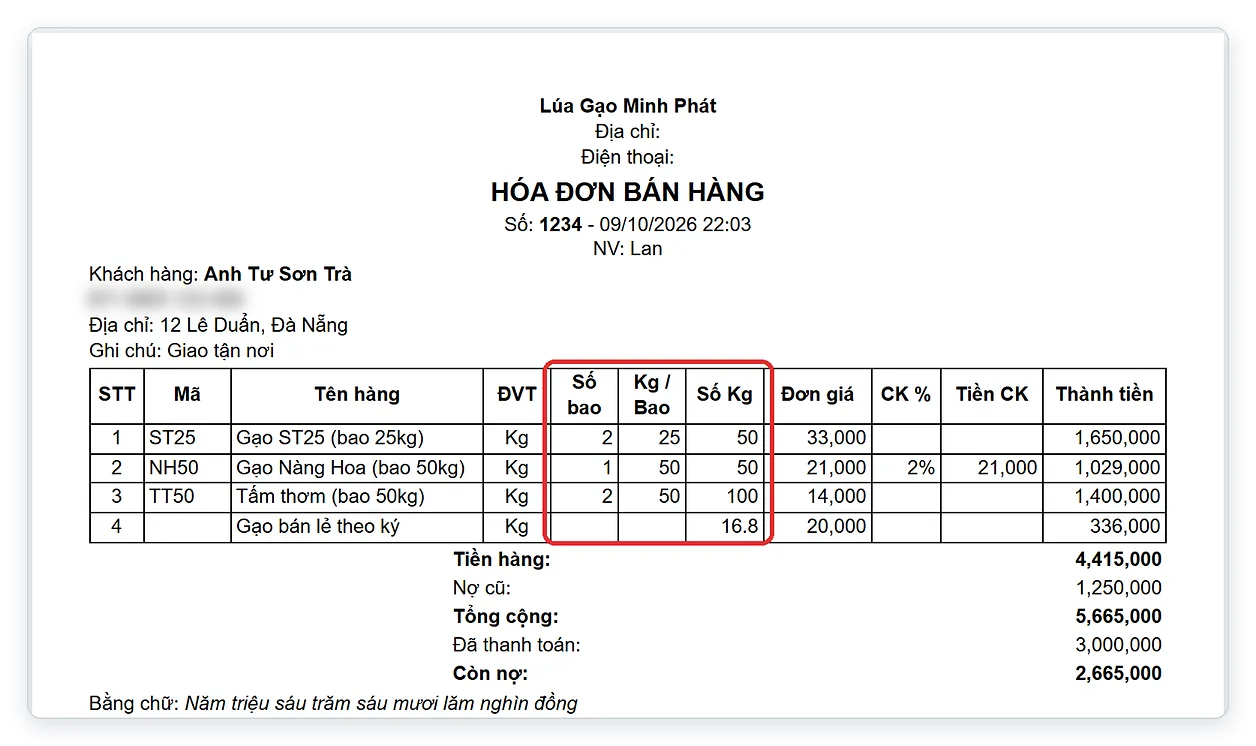 Mẫu hóa đơn bán gạo khổ A4 có cột Số bao, Kg/Bao, Số Kg trên TPSoft Web