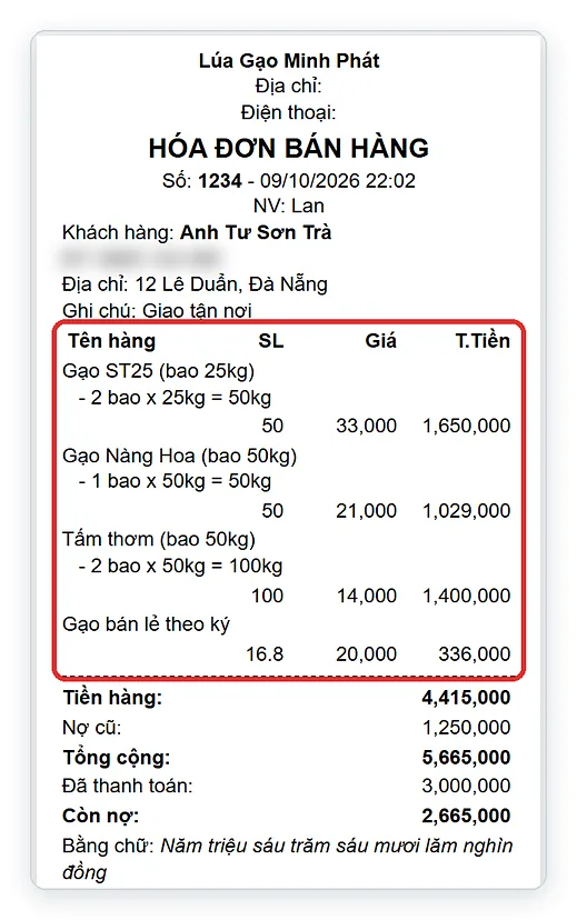In hóa đơn lúa gạo trên giấy bill 80mm có dòng số bao x kg/bao
