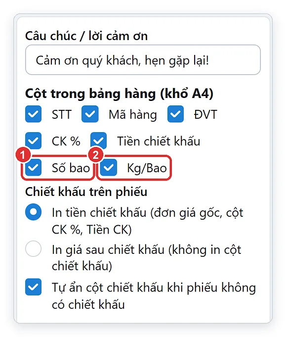 Bật tắt cột Số bao, Kg/Bao trên mẫu hóa đơn đại lý gạo