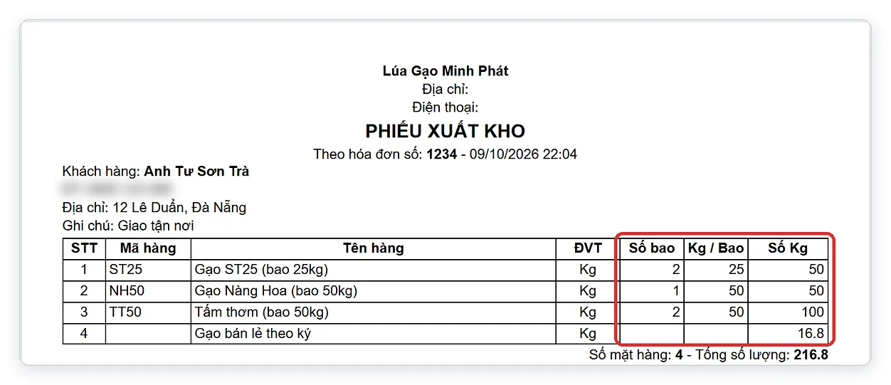 Phiếu xuất kho giao gạo có số bao, kg/bao, số kg, không có giá