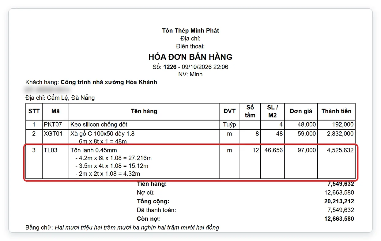 Mẫu hóa đơn bán tôn khổ A4 in gộp quy cách và cột số tấm trên TPSoft Web