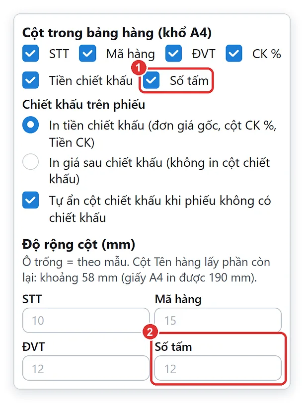 Bật tắt cột Số tấm trên hóa đơn tôn trong màn Mẫu in