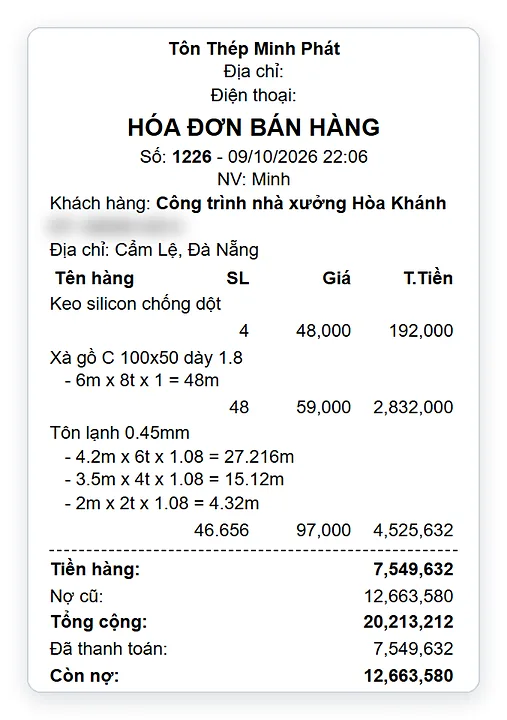Hóa đơn bán tôn khổ giấy in bill 80mm có quy cách