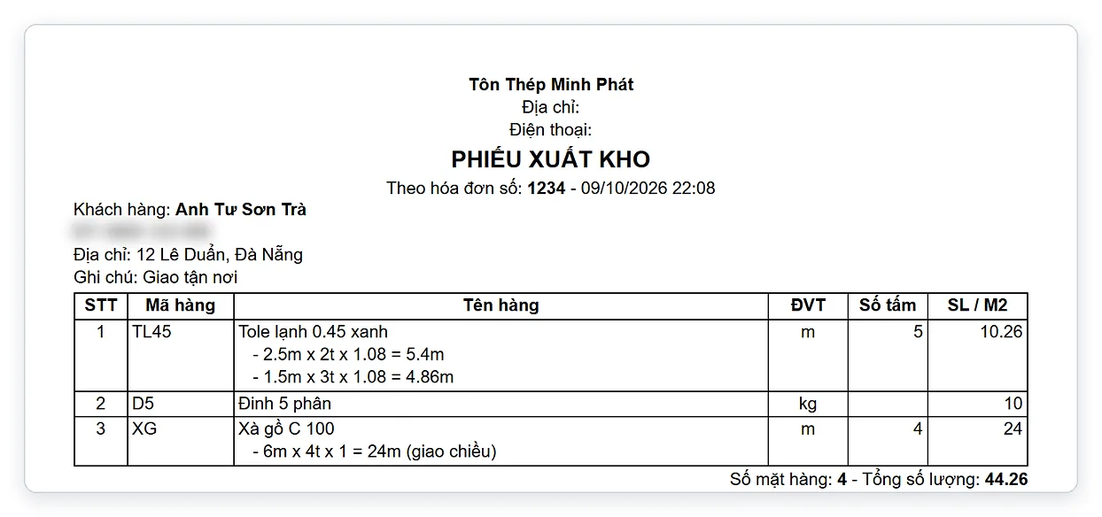 Phiếu xuất kho tôn sắt thép in số tấm và quy cách, không có giá