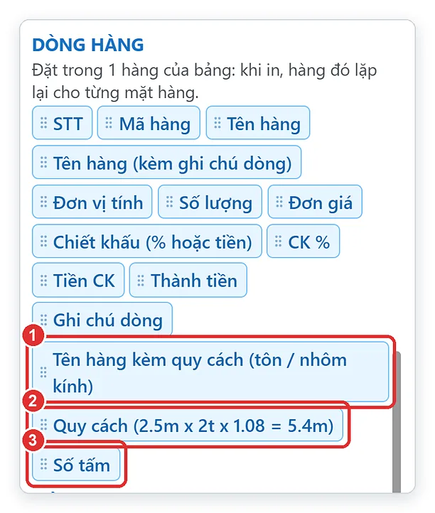 Các trường dữ liệu quy cách và số tấm trong trình soạn mẫu in TPSoft Web