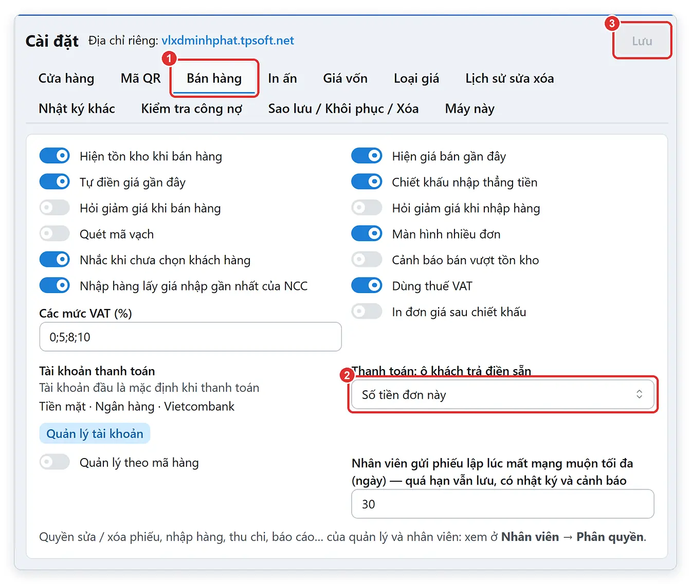 Cài đặt bán hàng trong phần mềm TPSoft Web