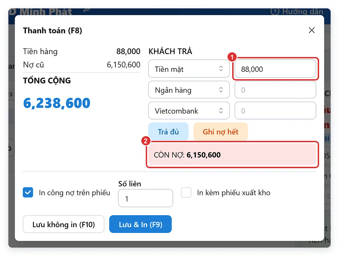 Hộp thanh toán điền sẵn số tiền đơn này