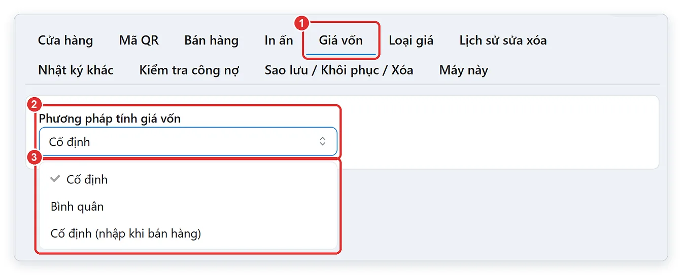 Chọn phương pháp tính giá vốn trong cài đặt TPSoft Web