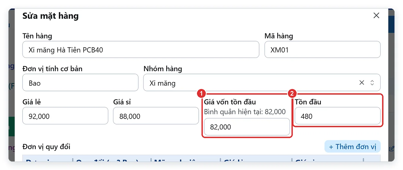 Giá vốn bình quân hiện tại và giá vốn tồn đầu của mặt hàng