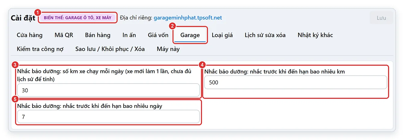 Tab Garage — cài đặt nhắc bảo dưỡng trong phần mềm garage TPSoft Web
