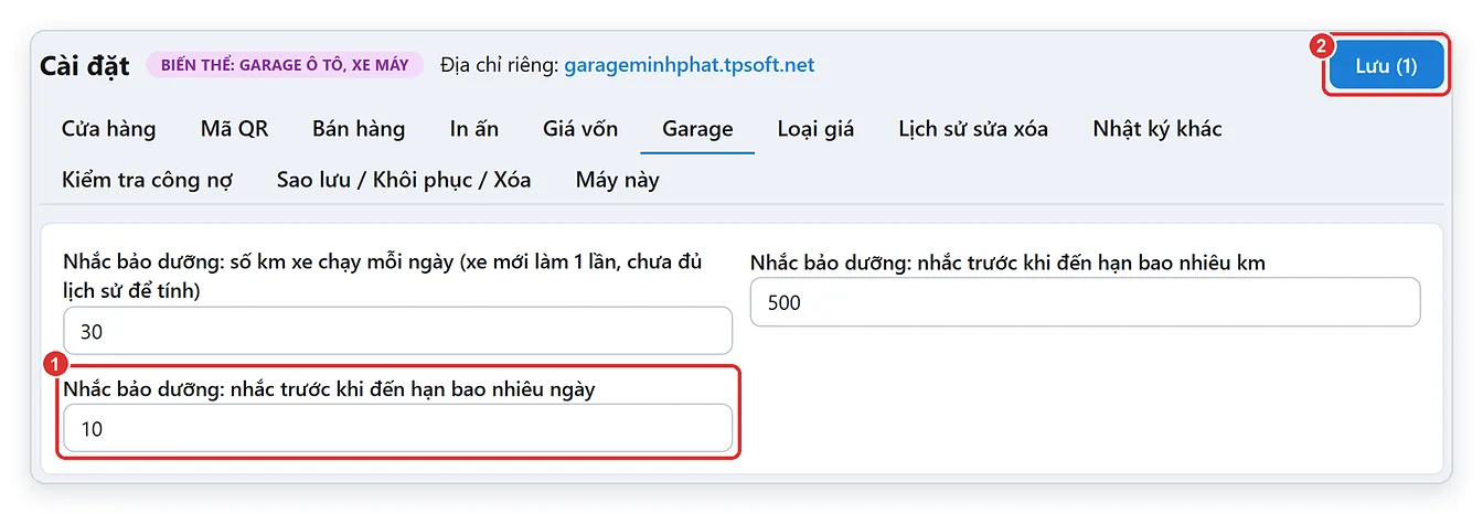 Đổi số ngày nhắc trước khi đến hạn bảo dưỡng và lưu cài đặt