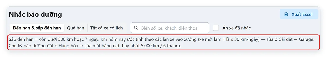 Dòng giải thích cách tính sắp đến hạn ở trang Nhắc bảo dưỡng