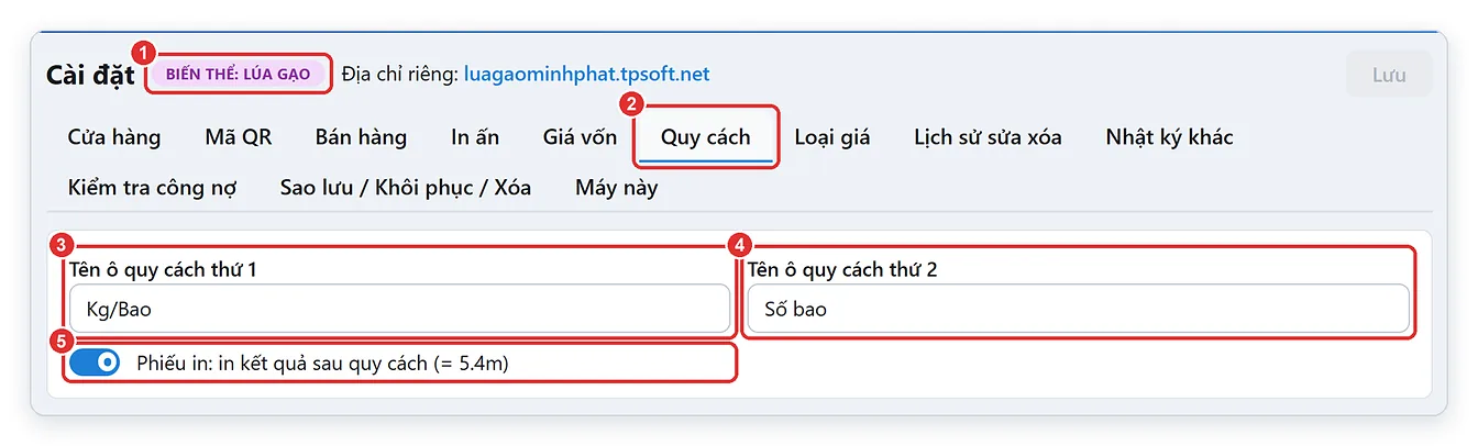 Cài đặt phần mềm bán gạo TPSoft Web: tab Quy cách của cửa hàng lúa gạo