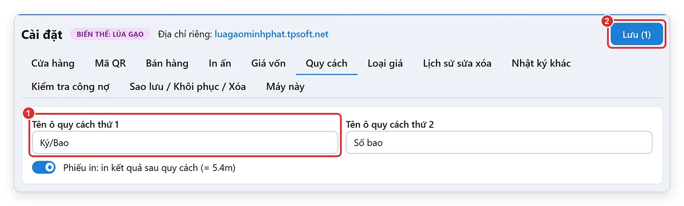 Đổi tên ô Kg/Bao trong cài đặt quy cách lúa gạo