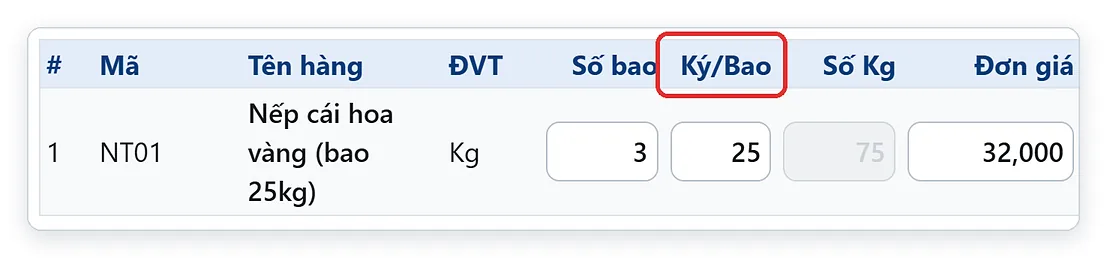Tên cột mới Ký/Bao trên phiếu bán hàng đại lý gạo